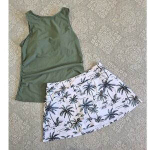 Daci Womens Tankini Set Olive Green High Neck Top Palm Tree Swim Skirt Large